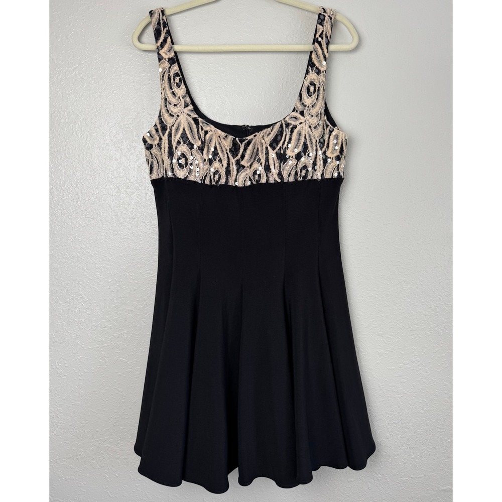 Betsy and Adam Black Sequin Lace Bodice Fit and Flare Mini Dress Scoop Neck 14